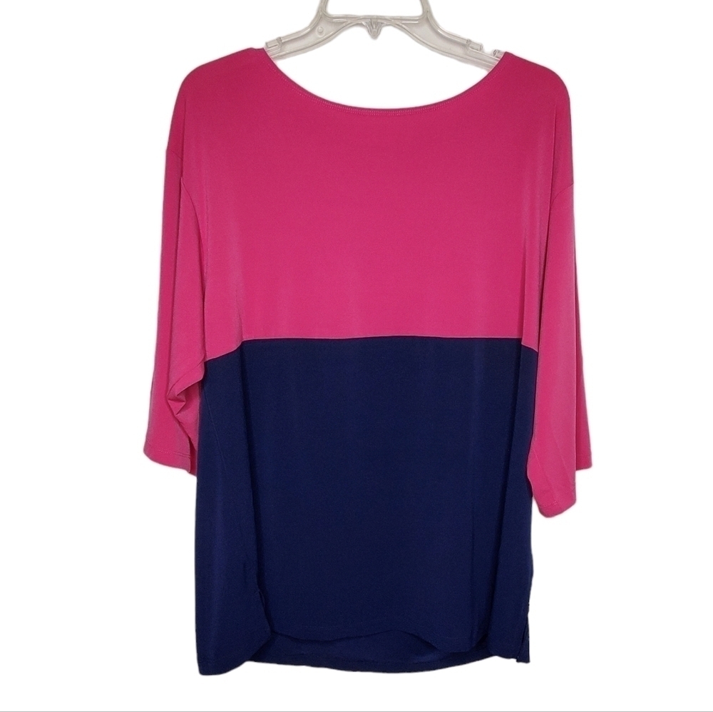 Susan Graver Pink & Navy Color Block Women's Top Elbow Length Sleeves Sz L
